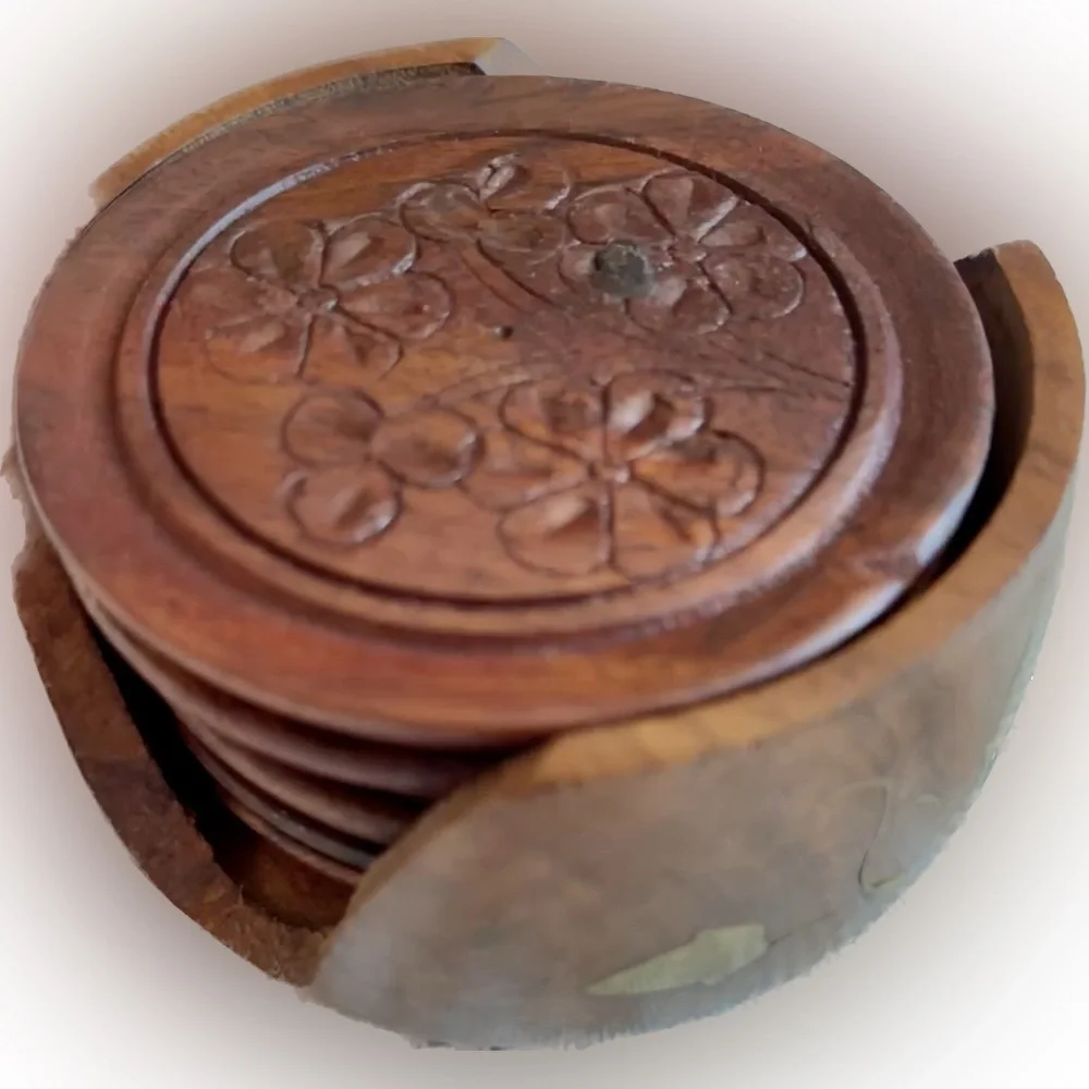 Antique Handmade Wooden Coaster Set Beautiful India Made Hand Carved Designs - Picture 12 of 12